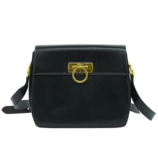 Salvatore Ferragamo Gancini Shoulder Bag Leather, BLACK, LEATHER, Shoulder bag