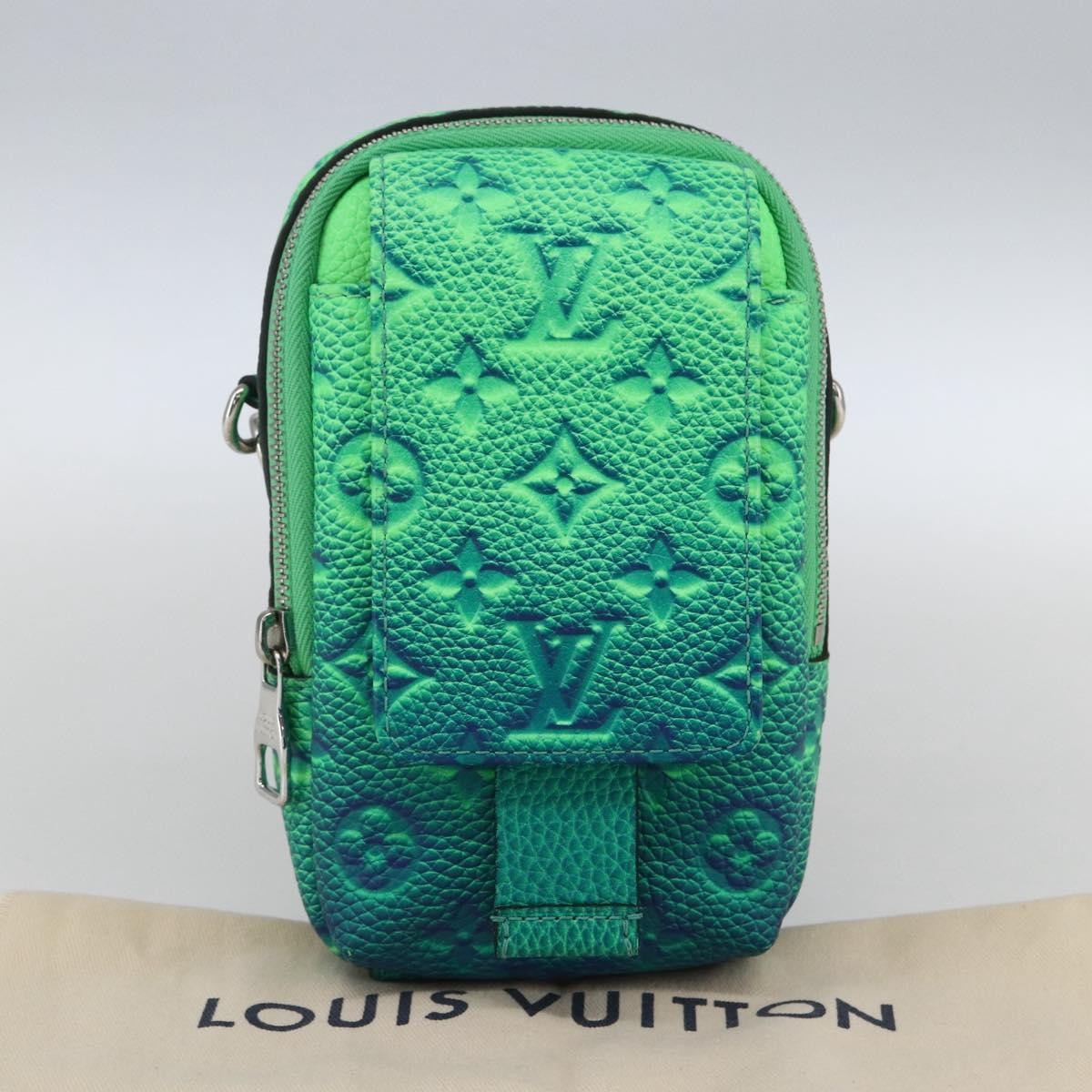 Louis Vuitton Double Phone Pouch NM Monogram Shadow Leather, Green, Leather, Clutch