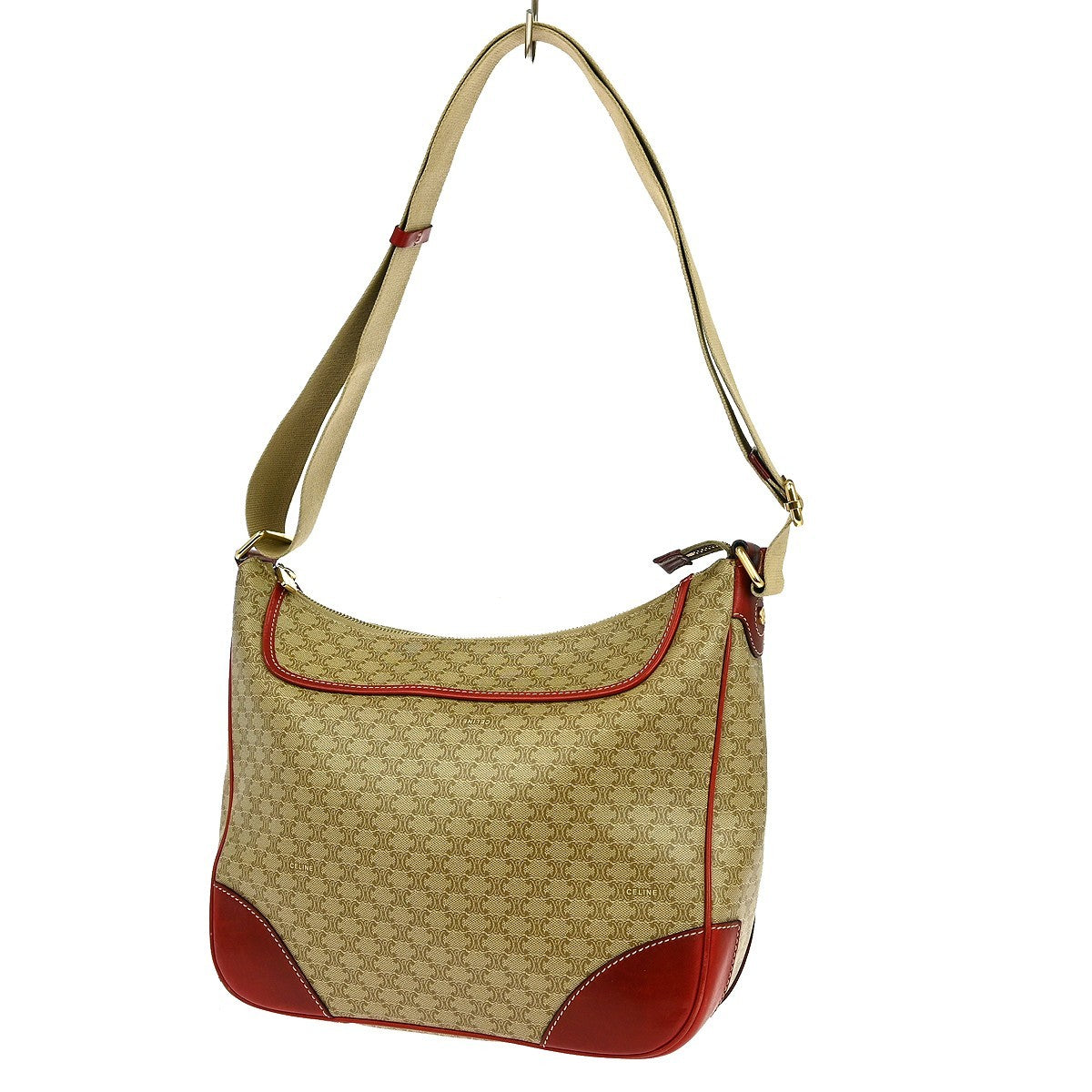 Celine Vintage Macadam Shoulder Bag Canvas and Leather, BEIGE, CANVAS, Shoulder bag