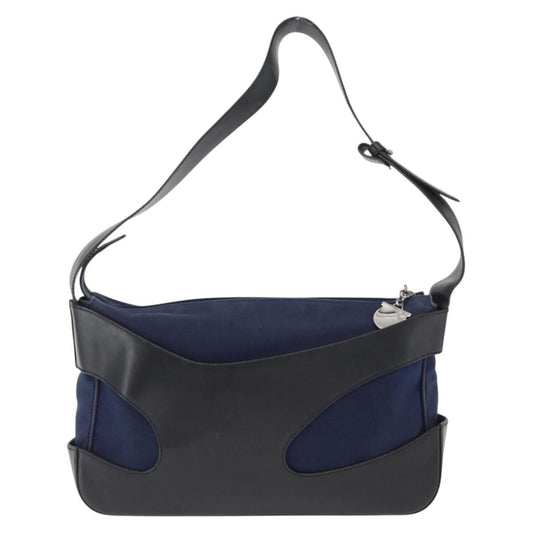 Salvatore Ferragamo Cut Out Shoulder Bag Canvas and Leather, NAVY, CANVAS, Shoulder bag
