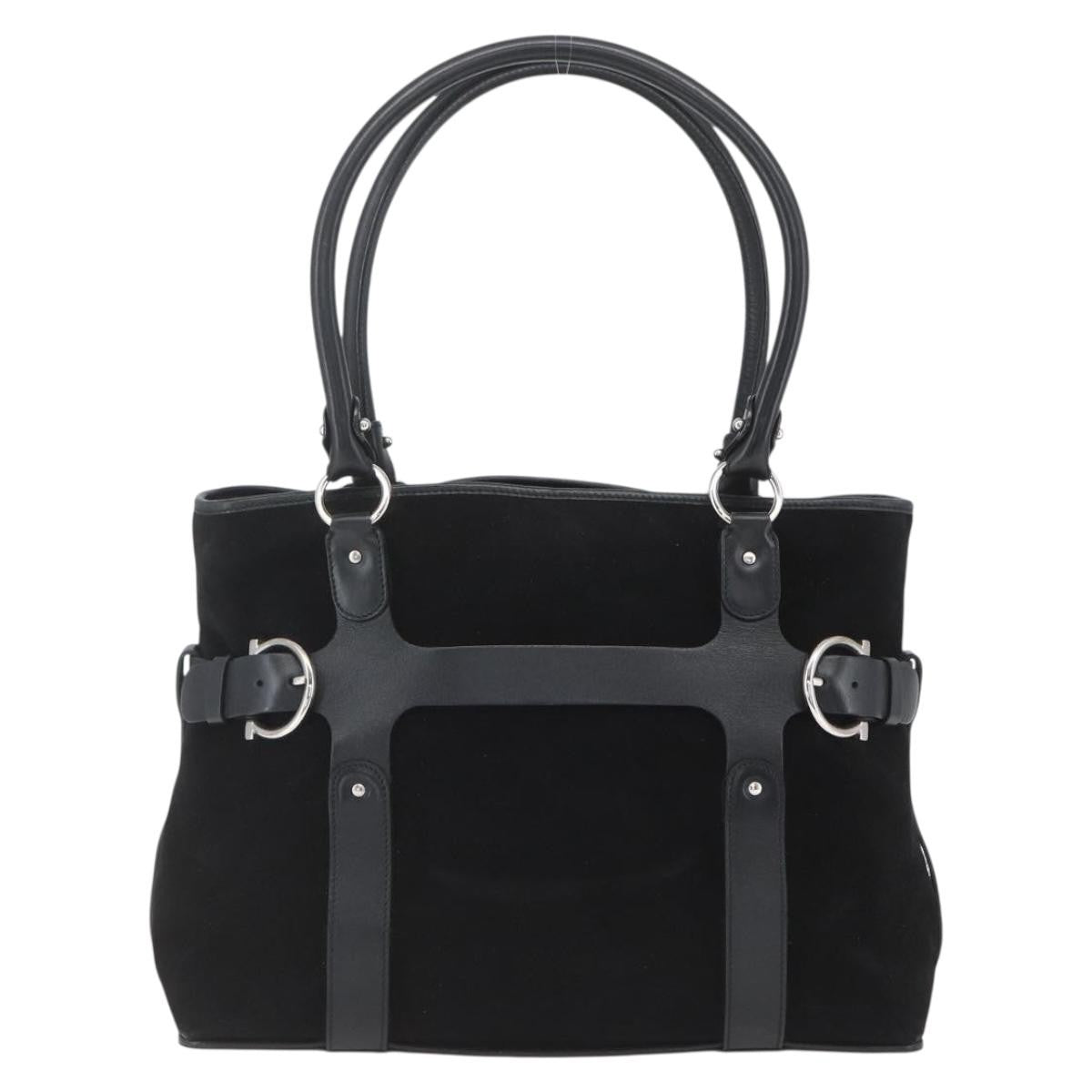 Salvatore Ferragamo Gancini handbag Suede, BLACK, SUEDE, Handbag
