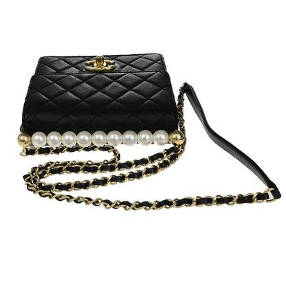 Chanel Chic Pearls Flap Bag Quilted Lambskin, BLACK, LEATHER, Shoulder bag