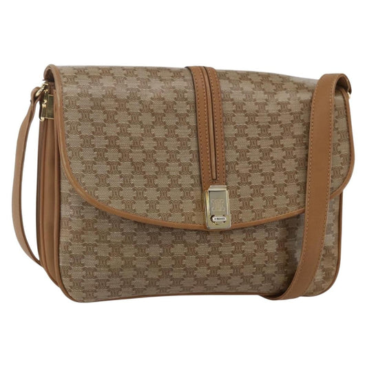 Celine Vintage Macadam Shoulder Bag Canvas and Leather, BEIGE, CANVAS, Shoulder bag