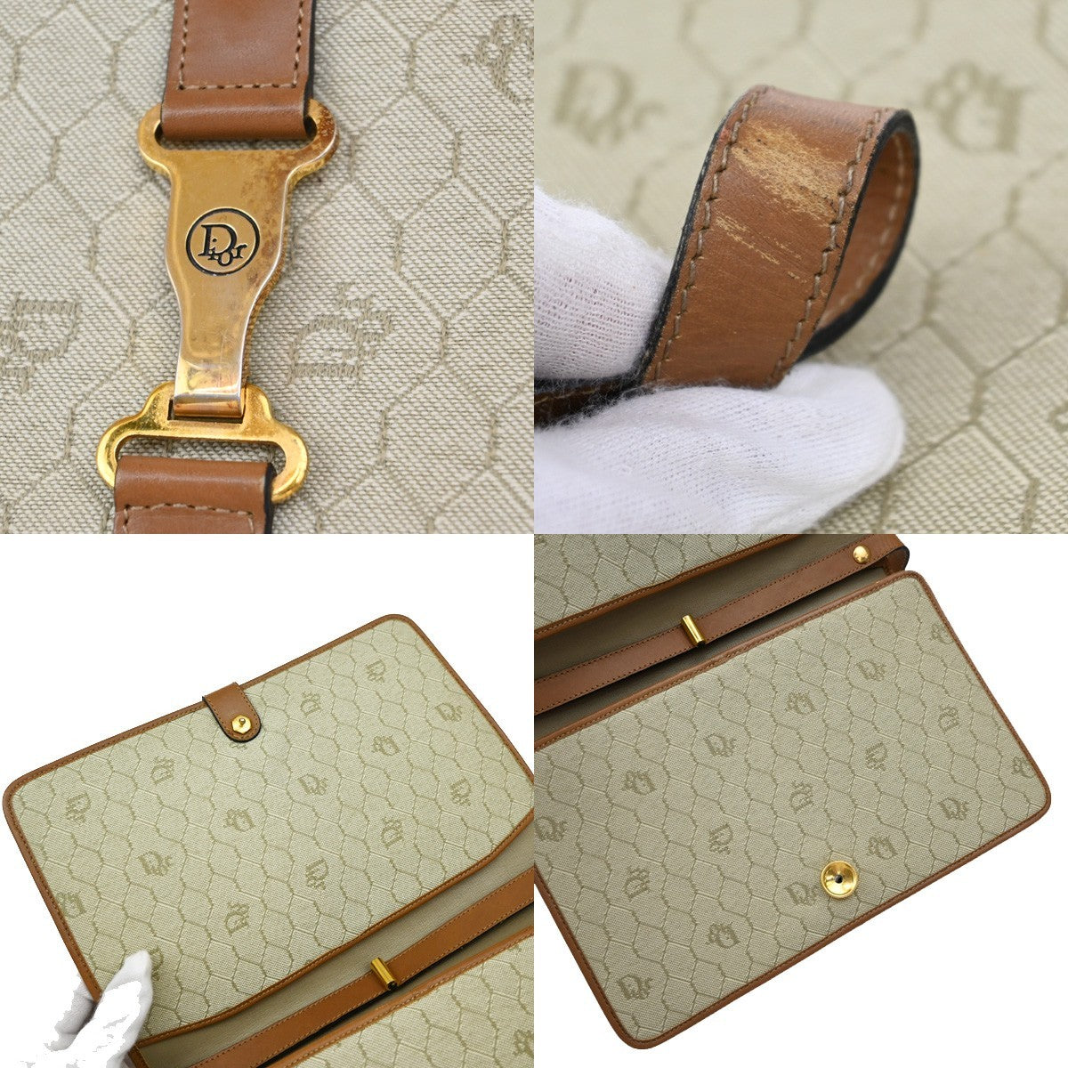 Christian Dior Vintage Honeycomb Handbag Canvas Leather, BEIGE, CANVAS, Shoulder bag