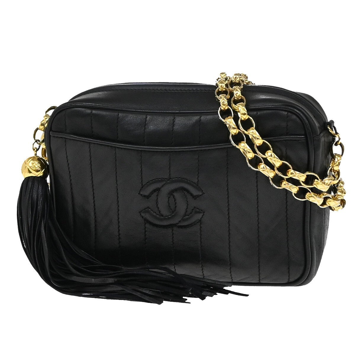 Chanel Vintage Tassel Camera Bag Vertical Quilted Leather, BLACK, LEATHER, Shoulder bag