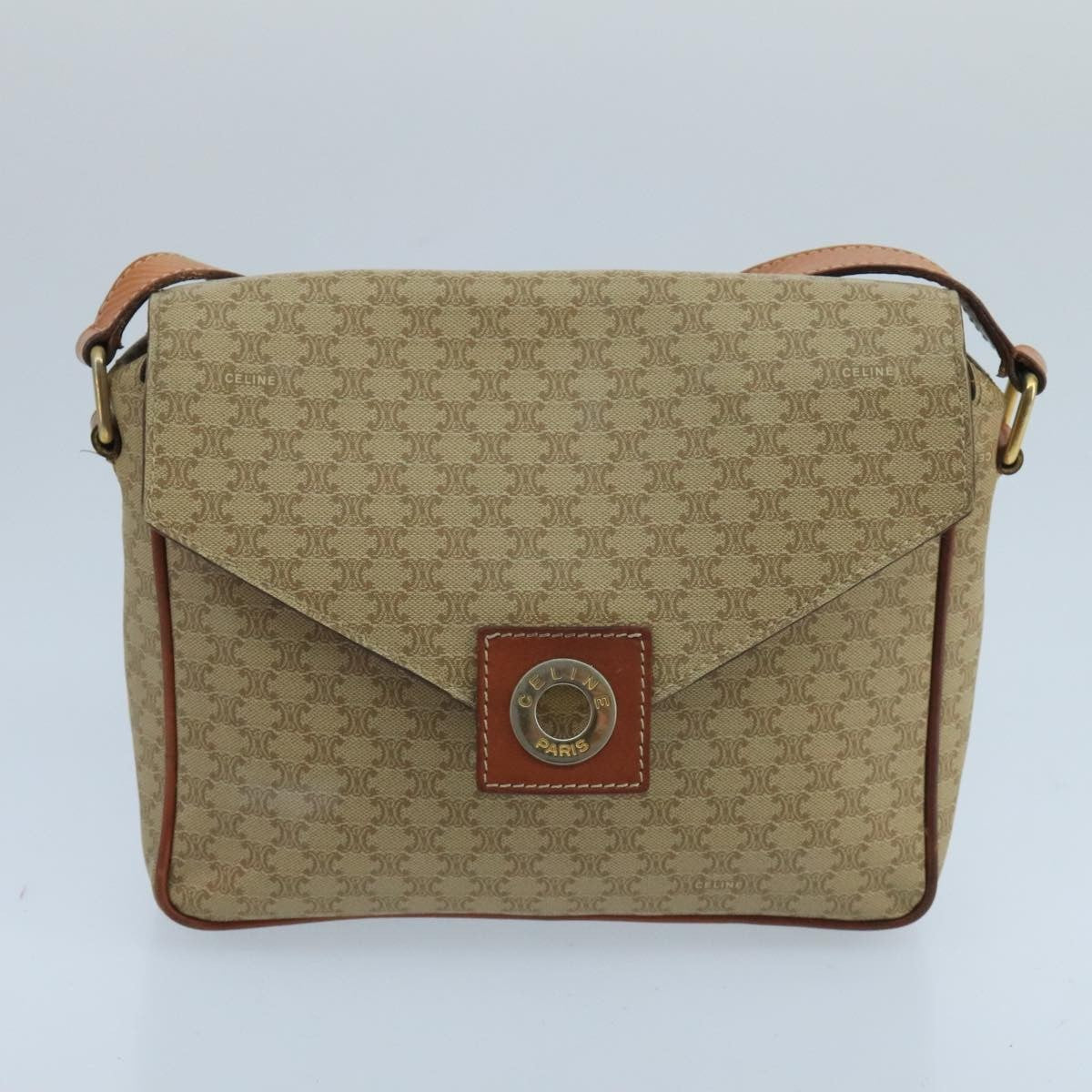 Celine Vintage Macadam Circle Logo Shoulder Bag Canvas and Leather, BEIGE, CANVAS, Shoulder bag