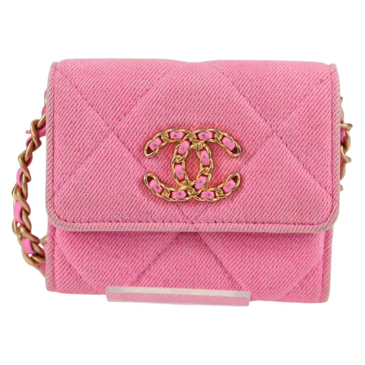 Chanel 19 Flap Coin Purse With Chain Quilted Denim, PINK, CANVAS, Wallets