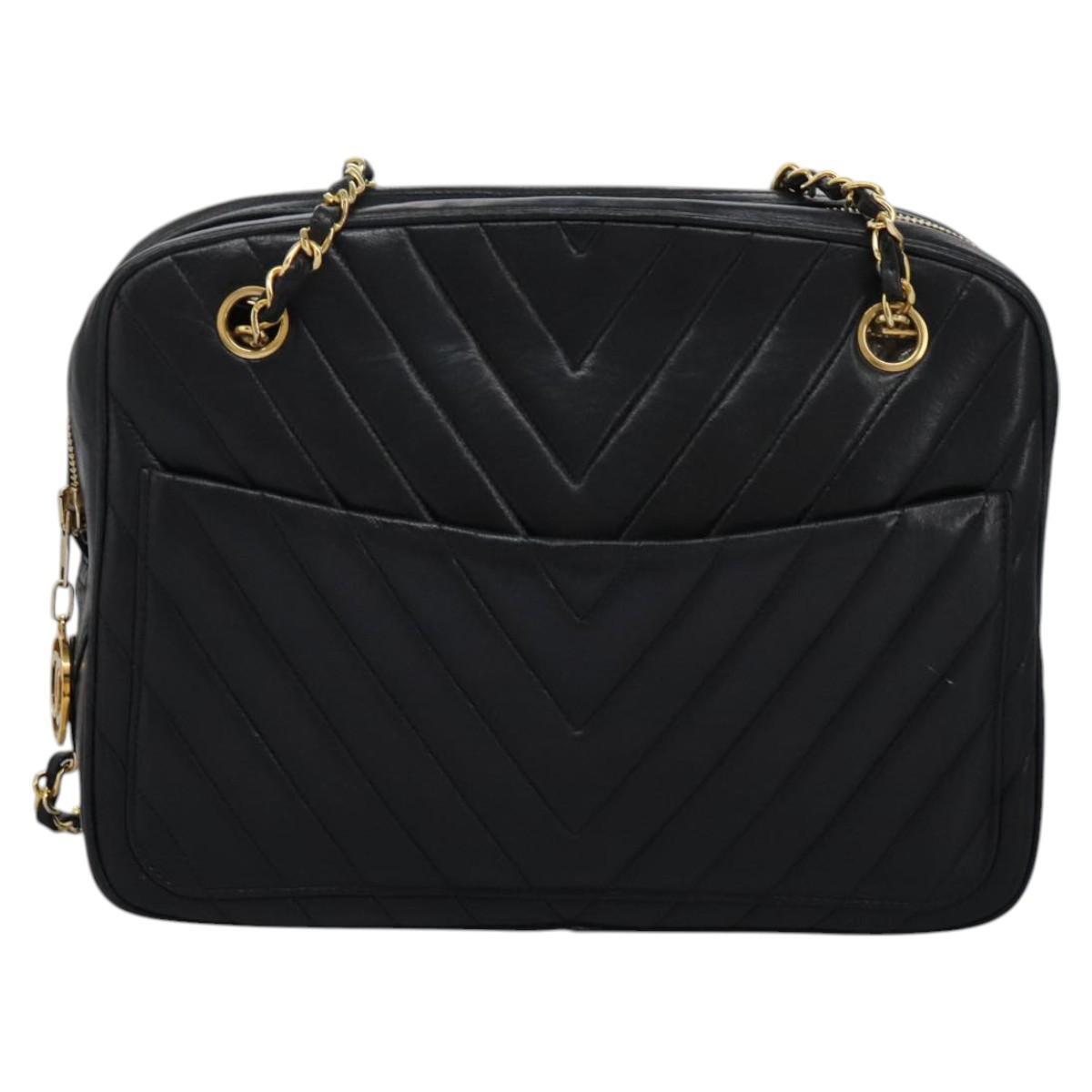Chanel V Stitch Leather, BLACK, LEATHER, Handbag