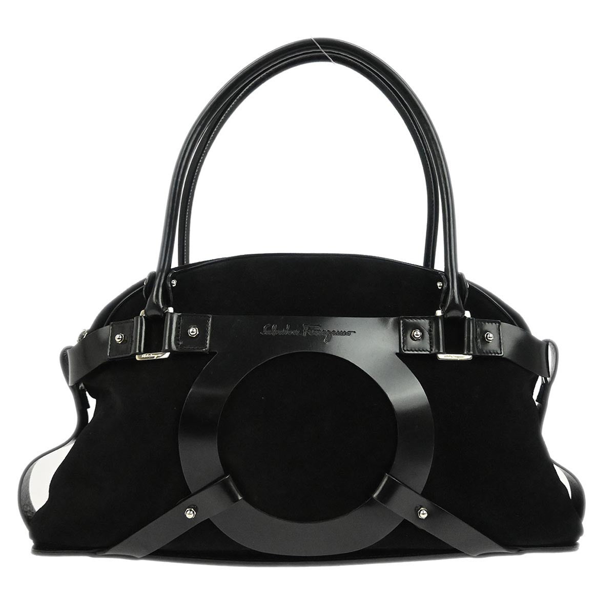 Salvatore Ferragamo Gancini handbag Suede, BLACK, SUEDE, Handbag