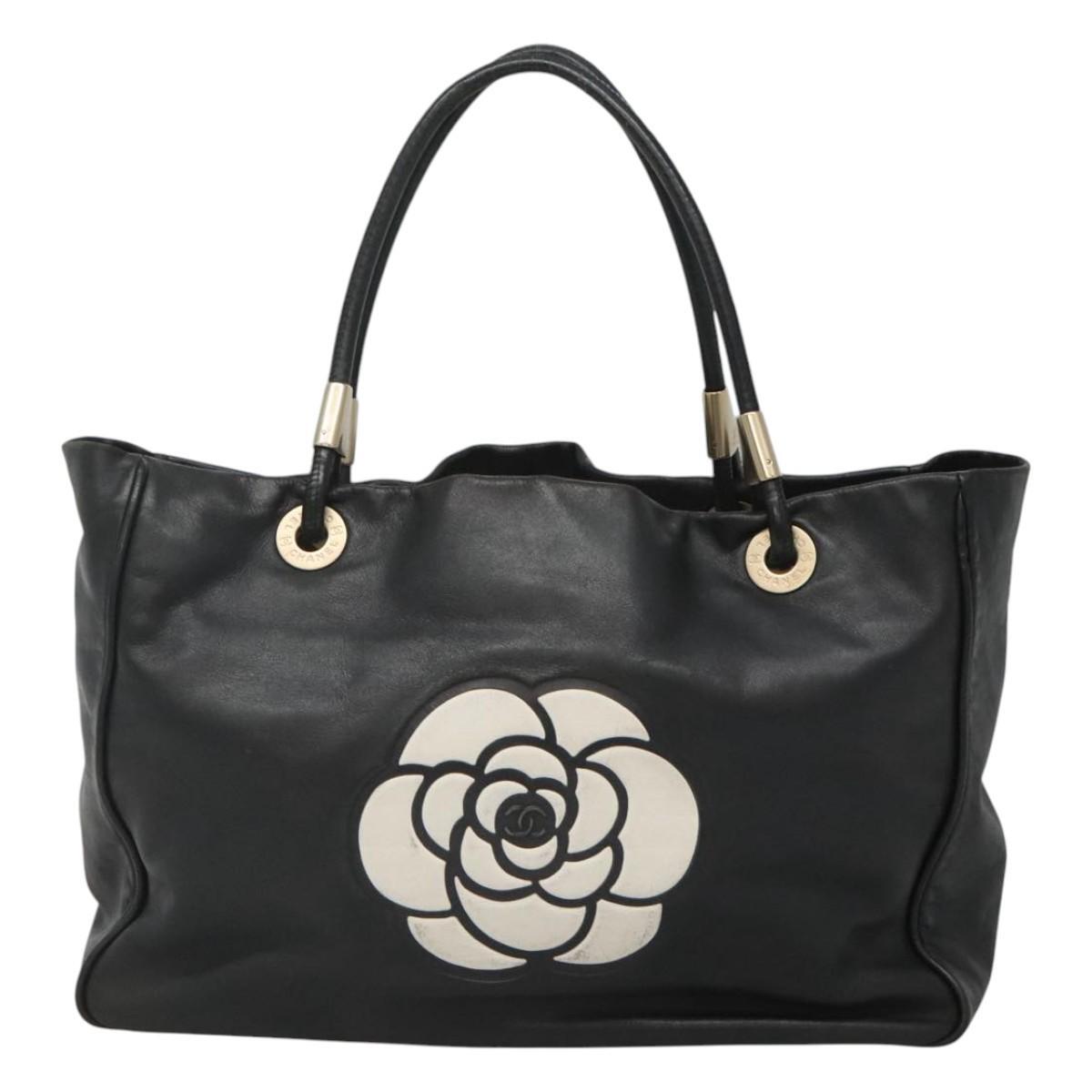 Chanel Camellia Tote Leather, BLACK, LEATHER, Tote bag