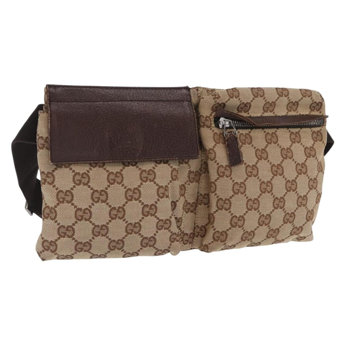 Gucci Vintage Double Belt Bag GG Canvas with Leather, BEIGE, CANVAS, Clutche & pouche