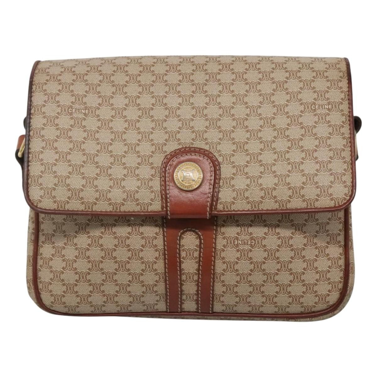 Celine Vintage Macadam Shoulder Bag Canvas and Leather, BEIGE, CANVAS, Shoulder bag
