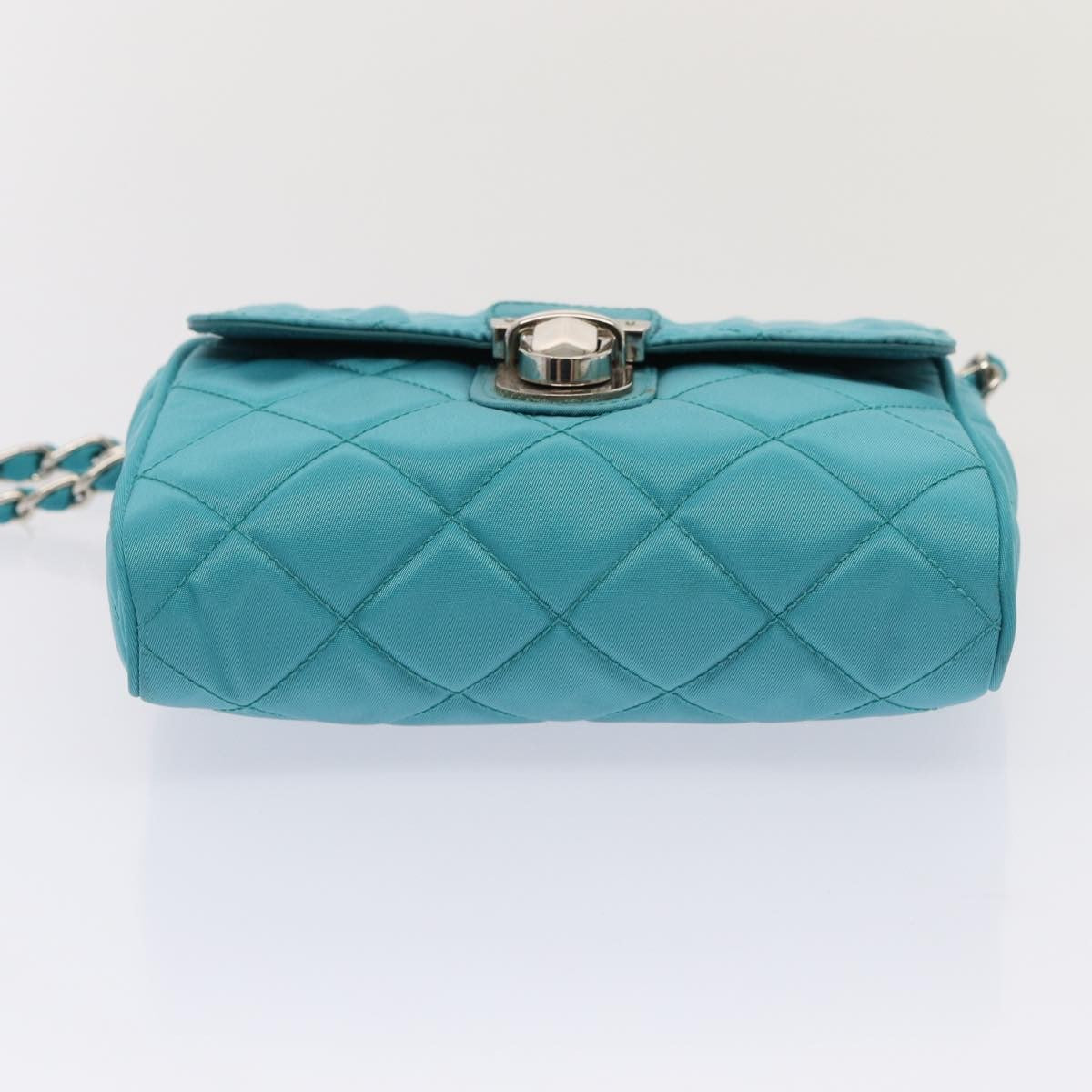 Prada Pushlock Chain Flap Bag Quilted Tessuto, Turquoise, Nylon, Shoulder Bag