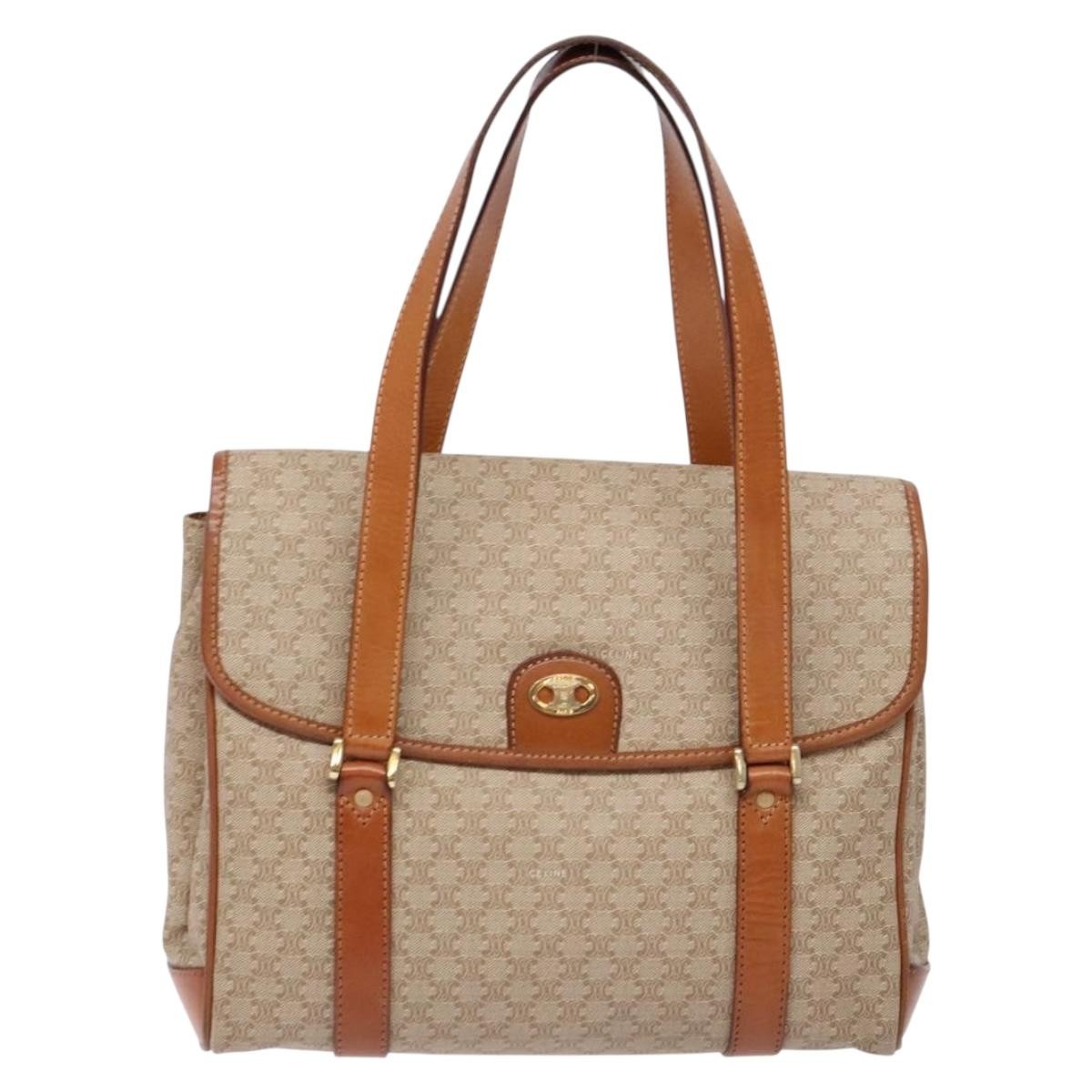 Celine Vintage Macadam Shoulder Bag Canvas and Leather, BEIGE, CANVAS, Shoulder bag