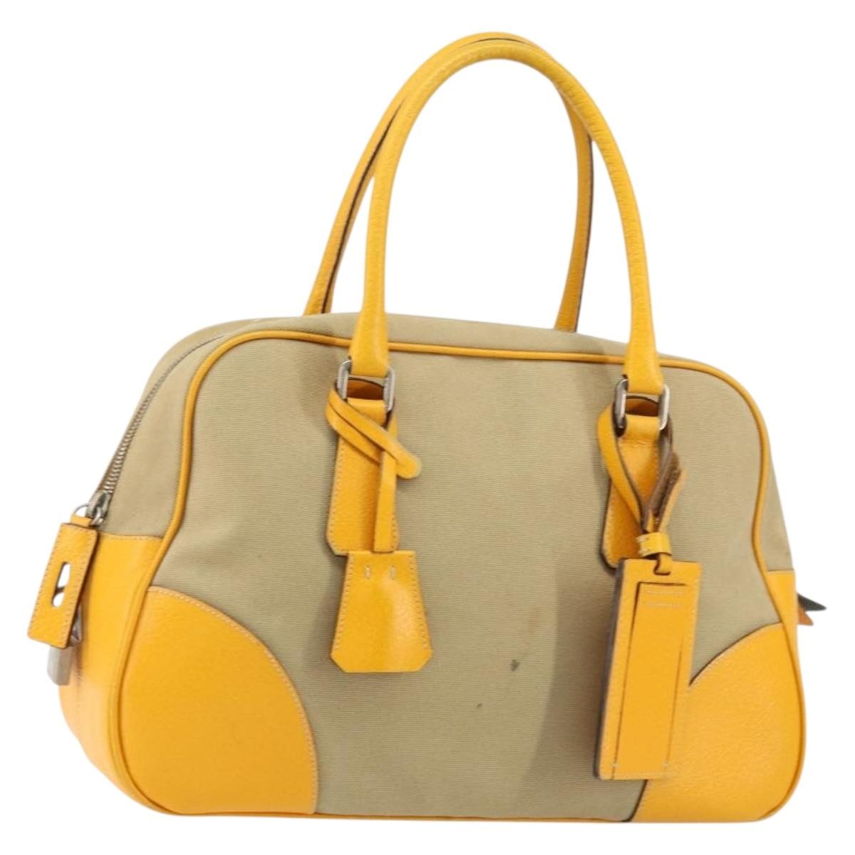 Prada Bowler Bag Canvas with Leather, BEIGE, CANVAS, Handbag