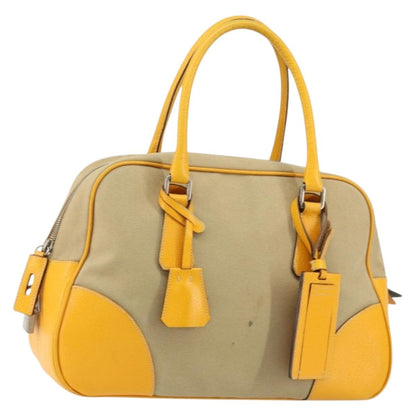 Prada Bowler Bag Canvas with Leather, BEIGE, CANVAS, Handbag