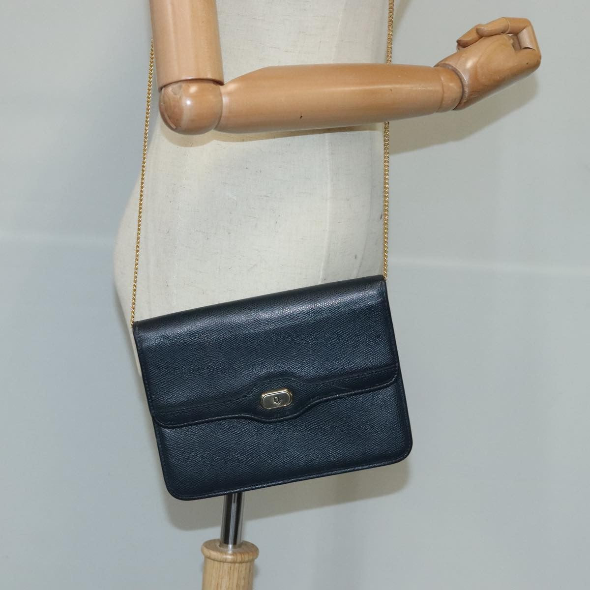 Christian Dior Vintage CD Chain Flap Shoulder Bag Leather, NAVY, LEATHER, Shoulder bag