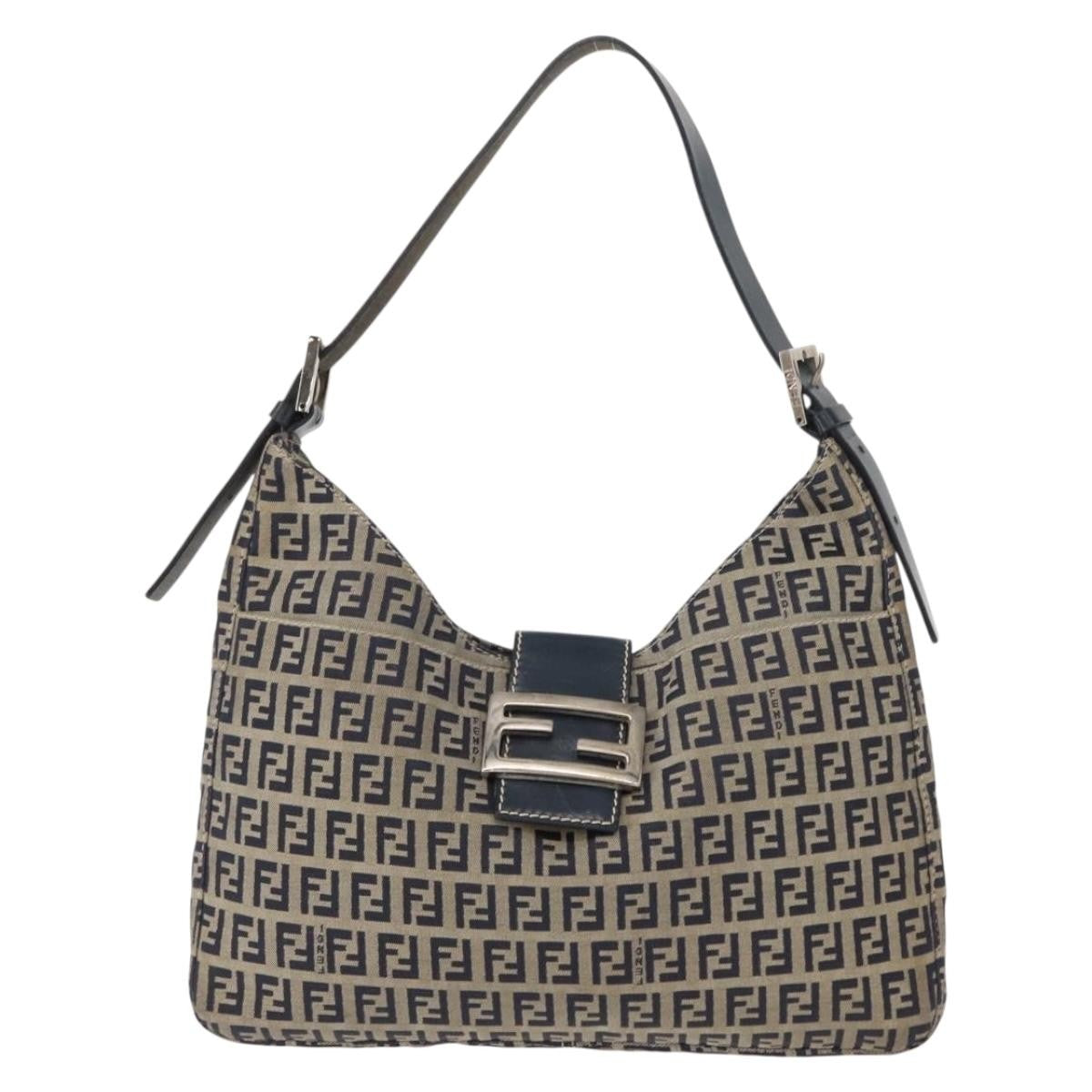 Fendi Belted Flap Shoulder Bag Zucchino Coated Canvas, NAVY, CANVAS, Shoulder bag