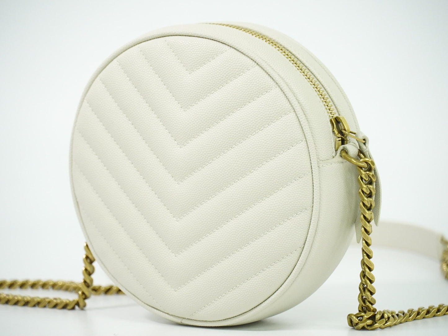 Saint Laurent Vinyle Round Camera Bag Matelasse Chevron Leather, WHITE, LEATHER, Crossbody bag