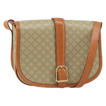 Celine Vintage Macadam Shoulder Bag Canvas and Leather, BEIGE, CANVAS, Shoulder bag