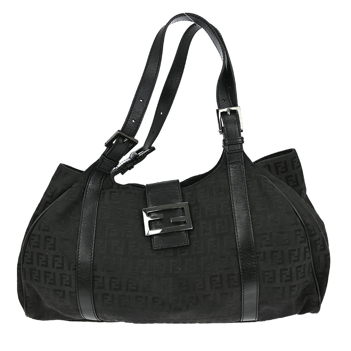 Fendi Belted Shoulder Bag Zucchino Canvas, BLACK, CANVAS, Handbag