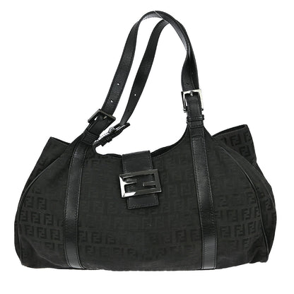 Fendi Belted Shoulder Bag Zucchino Canvas, BLACK, CANVAS, Handbag