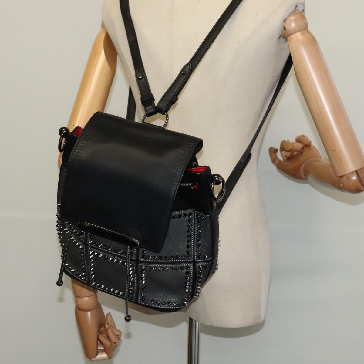 Christian Louboutin Lucky L Convertible Backpack Spiked Leather and Suede, BLACK, LEATHER, Backpack