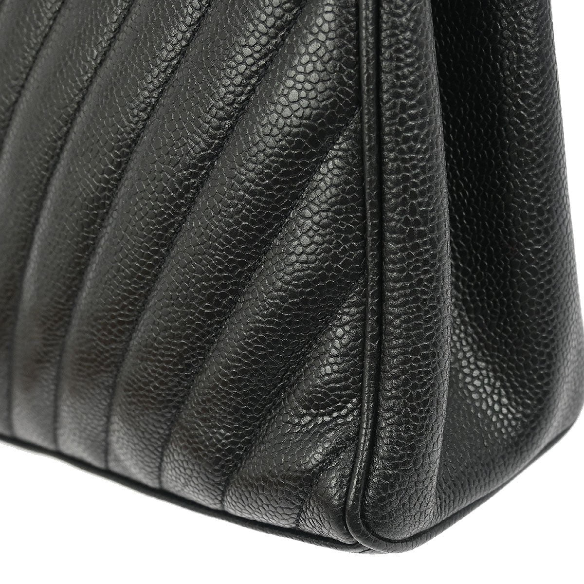 Chanel Vintage Zip Shoulder Bag Chevron Caviar, Black, Leather, Shoulder Bag