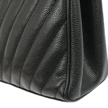 Chanel Vintage Zip Shoulder Bag Chevron Caviar, Black, Leather, Shoulder Bag