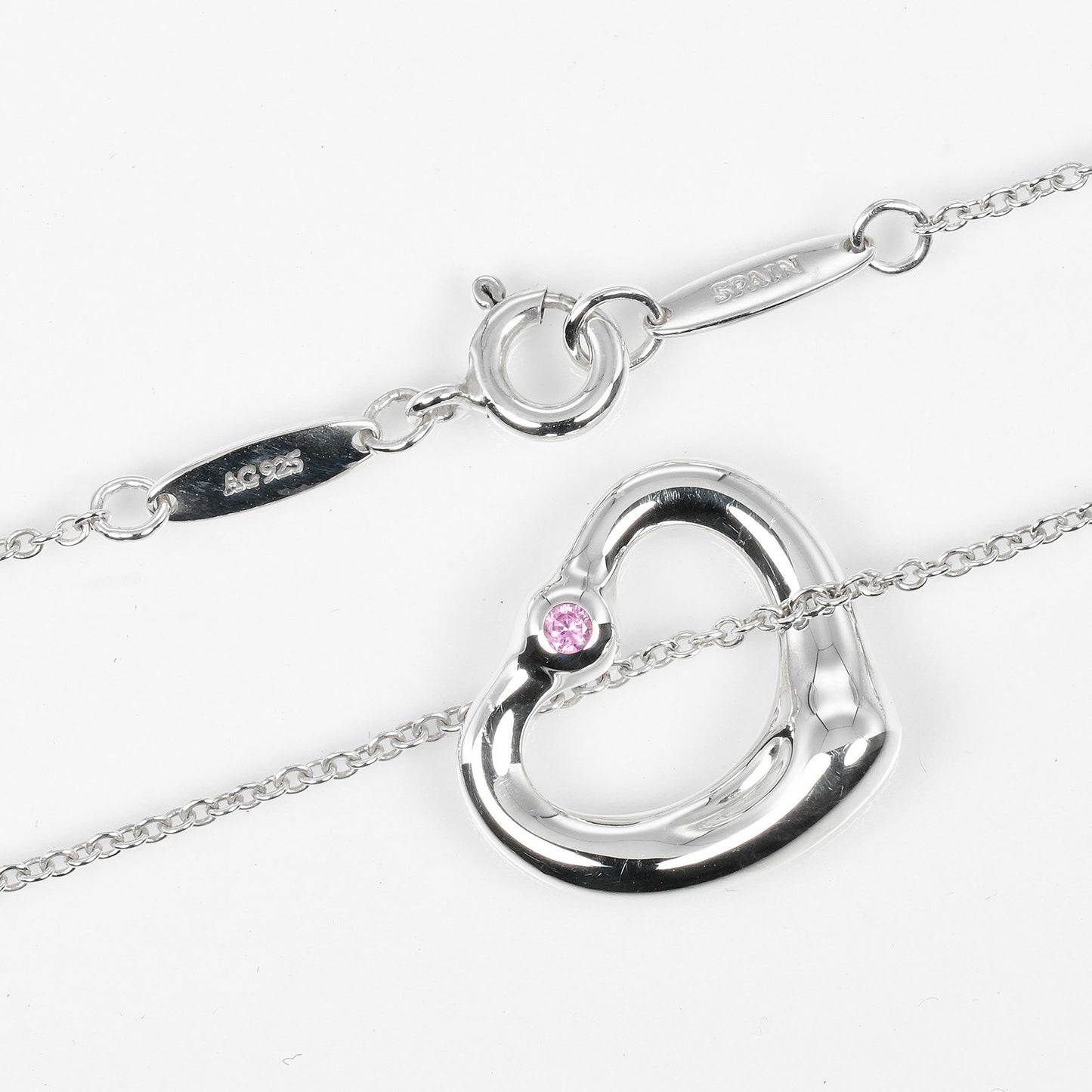 Tiffany & Co. Elsa Peretti Open Heart Pendant Necklace Sterling Silver with Pink Sapphire, SILVER, SILVER, Necklace