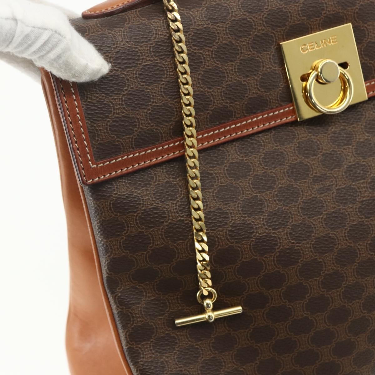 Celine Vintage Macadam Handbag Canvas and Leather, BROWN, CANVAS, Handbag