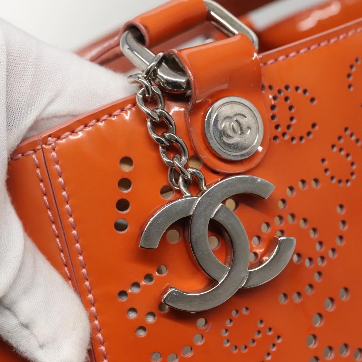 Chanel CC No.5 Shopping Tote Perforated Patent, Orange, Patent Leather, Tote Bag