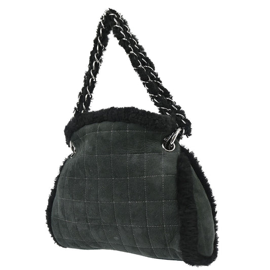 Chanel Vintage Embroidered CC Chain Tote Quilted Suede and Shearling, Black, Suede, Tote Bag