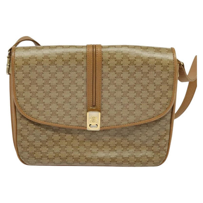 Celine Vintage Macadam Shoulder Bag Canvas and Leather, Beige, Canvas, Handbag