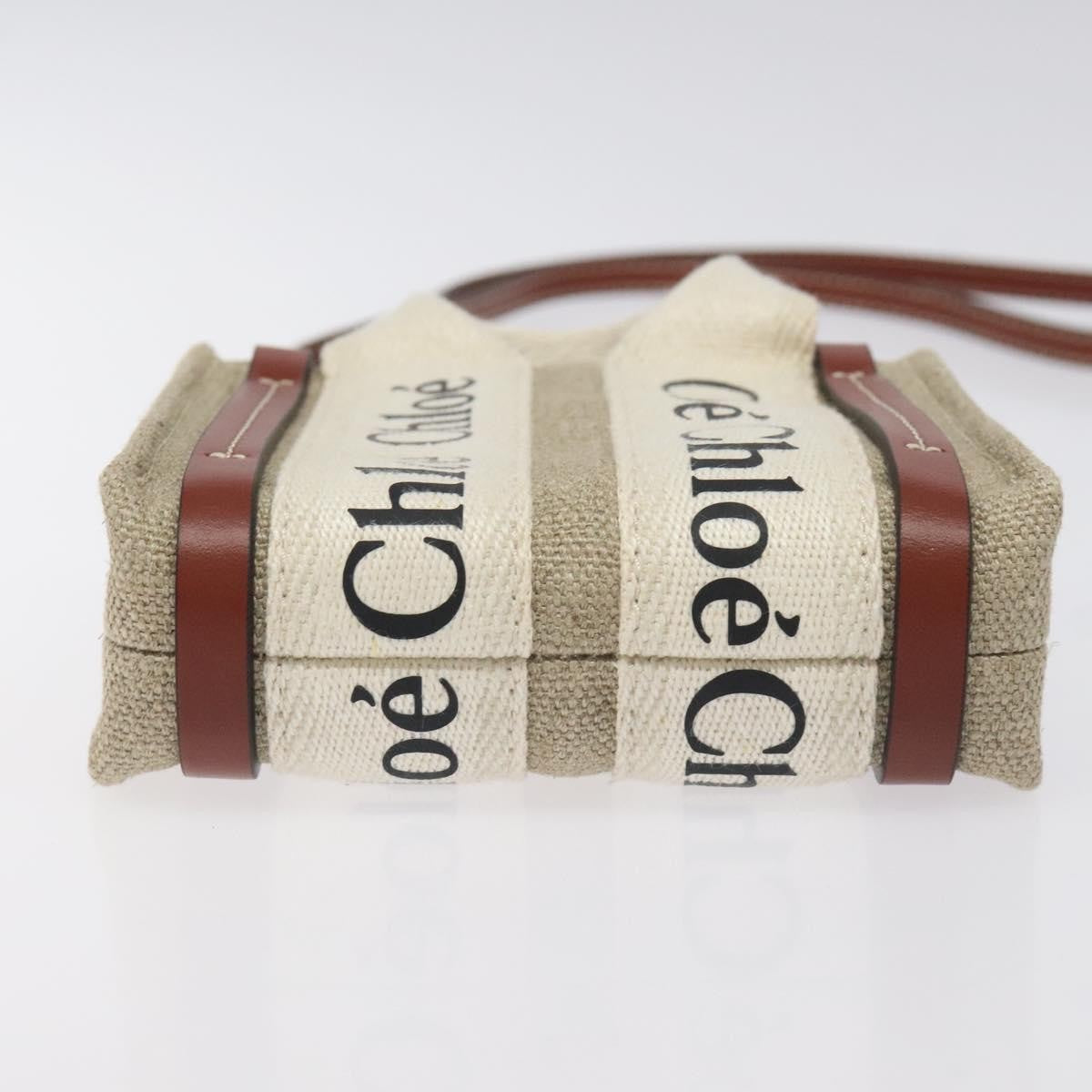 Chloe Woody Tote Canvas with Leather, BEIGE, CANVAS, Tote bag