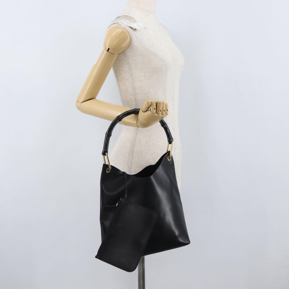 Gucci Vintage Bamboo Hobo Leather, BLACK, LEATHER, Tote bag