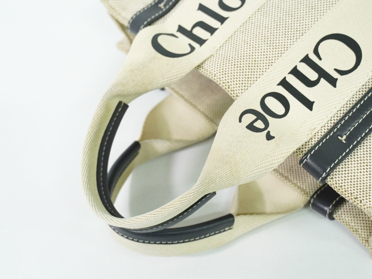 Chloe Woody Tote Canvas with Leather, WHITE, CANVAS, Tote bag