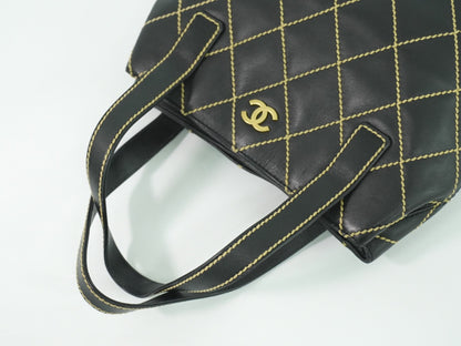 Chanel Surpique Tote Quilted Leather, BLACK, LEATHER, Handbag