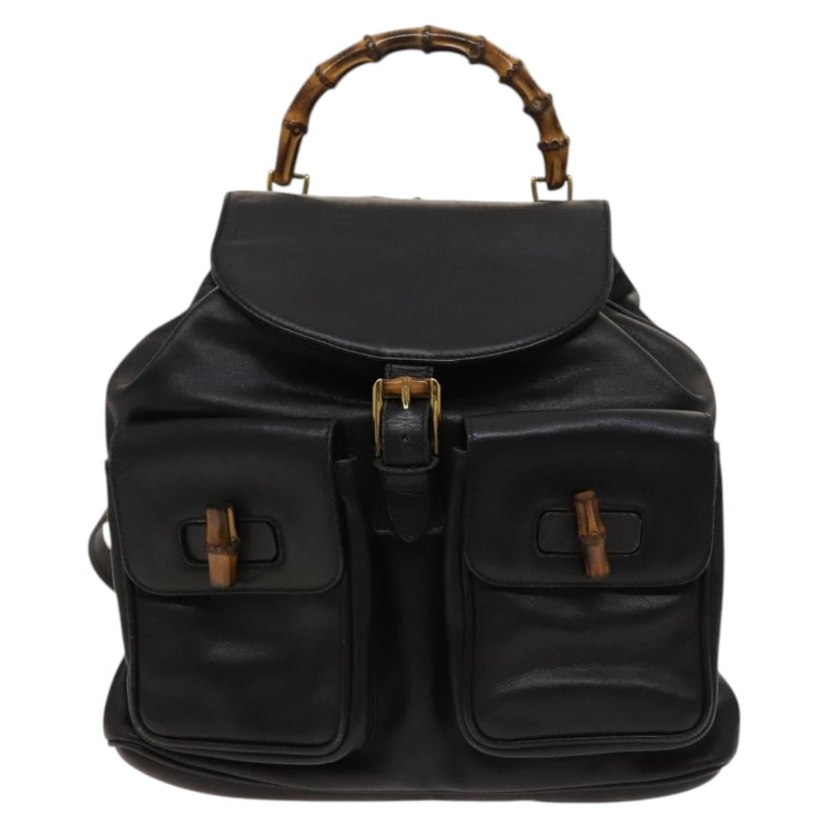 Gucci Vintage Bamboo Backpack Leather, Black, Leather, Backpack