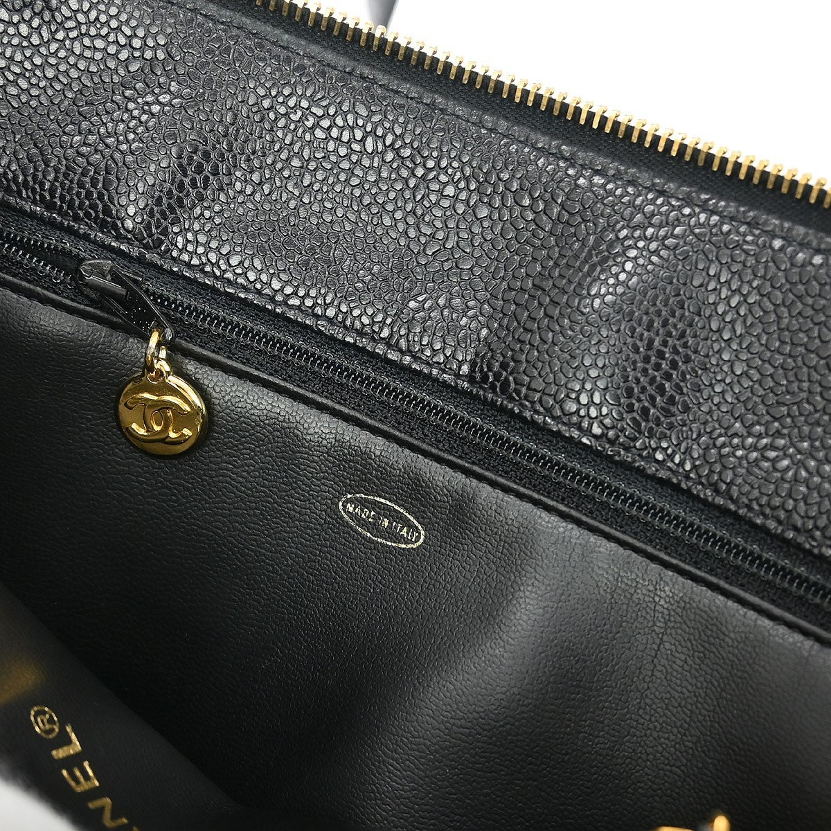 Chanel Vintage Zip Shoulder Bag Chevron Caviar, Black, Leather, Shoulder Bag