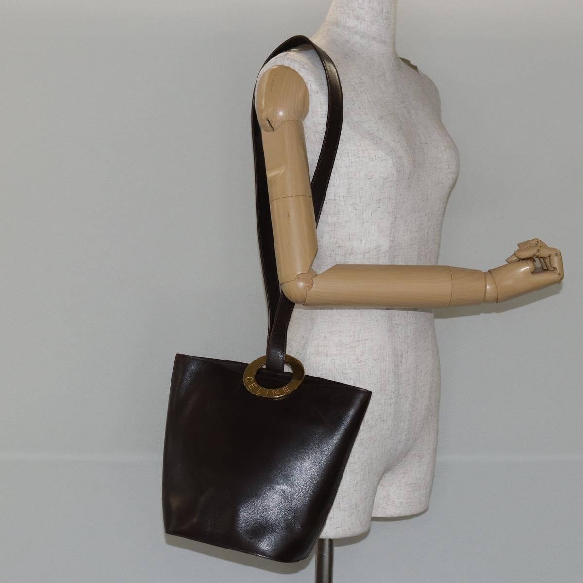 Celine Circle logo Leather, BROWN, LEATHER, Shoulder bag