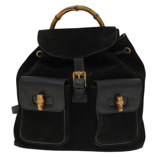 Gucci Vintage Bamboo Backpack Suede and Leather, Black, Suede, Backpack
