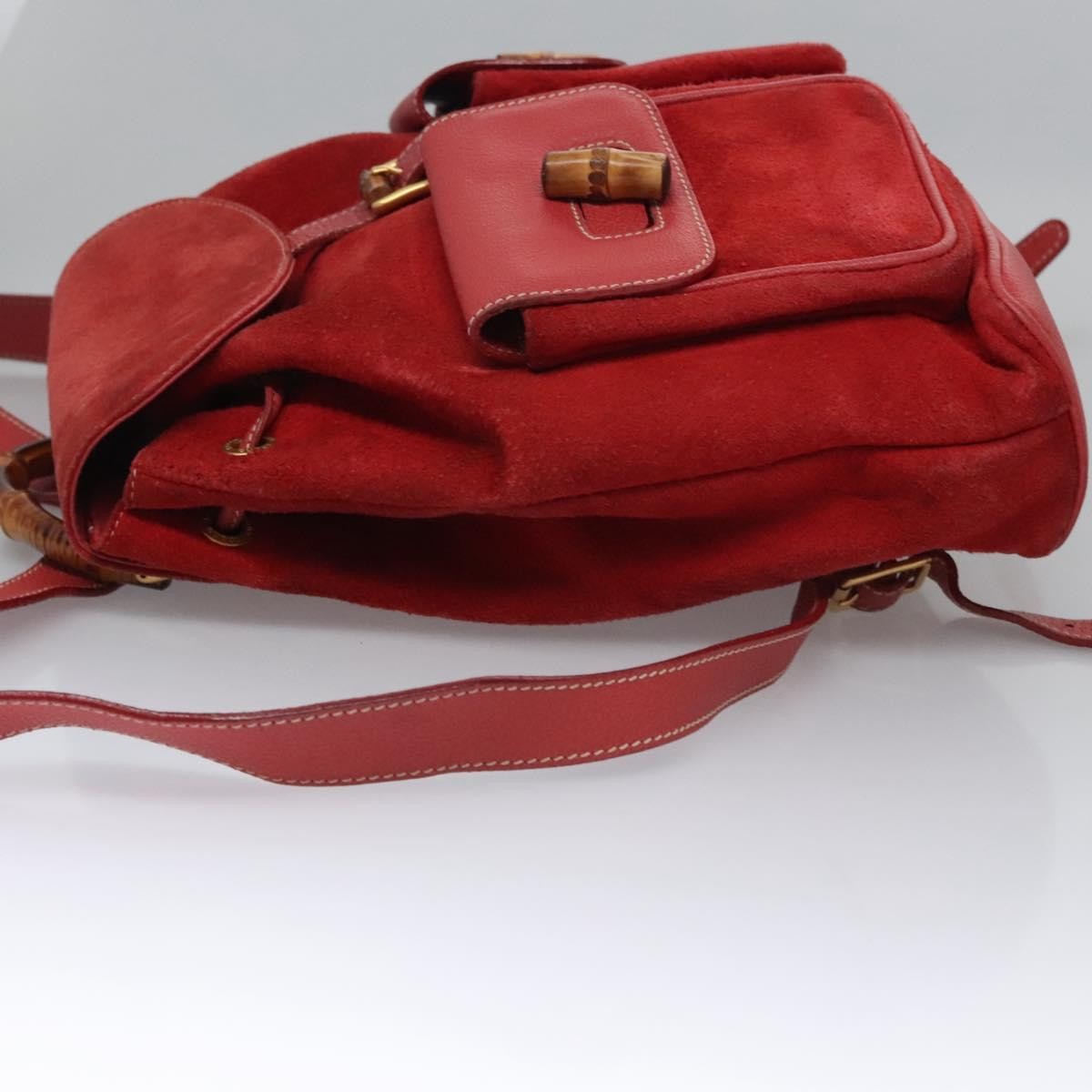 Gucci Vintage Bamboo Backpack Suede and Leather, Red, Suede, Backpack
