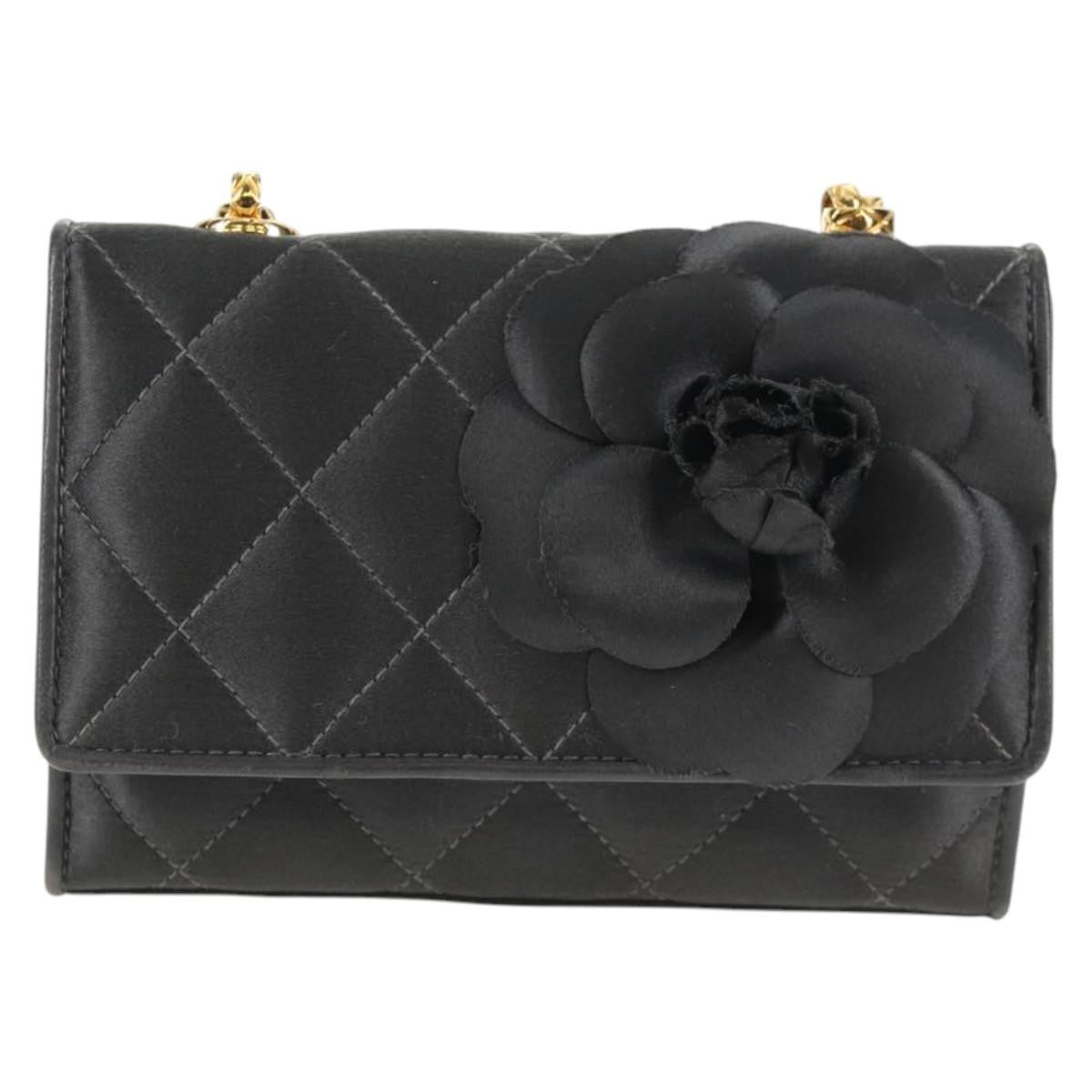 Chanel Vintage Camellia Flap Crossbody Bag Satin and Mesh, BLACK, SATIN, Shoulder bag