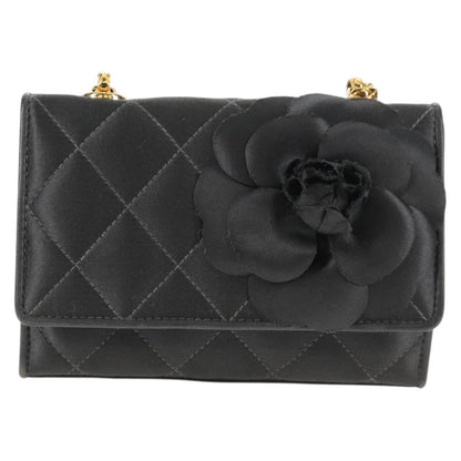 Chanel Vintage Camellia Flap Crossbody Bag Satin and Mesh, BLACK, SATIN, Shoulder bag