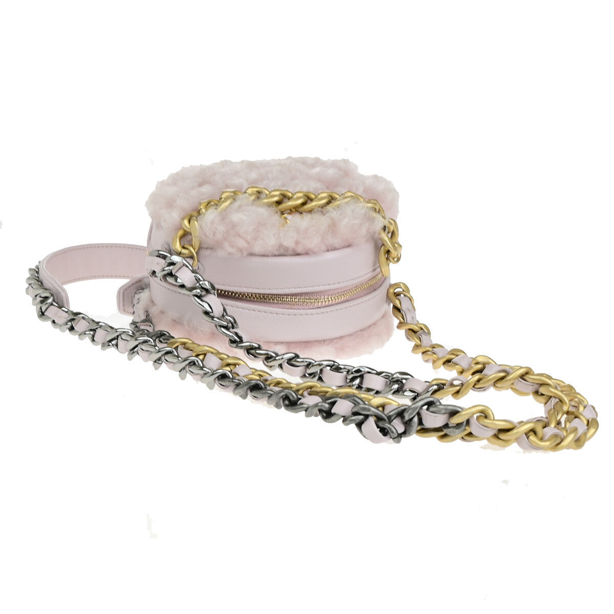 Chanel 19 Round Clutch with Chain Quilted Shearling, PINK, LEATHER, Shoulder bag