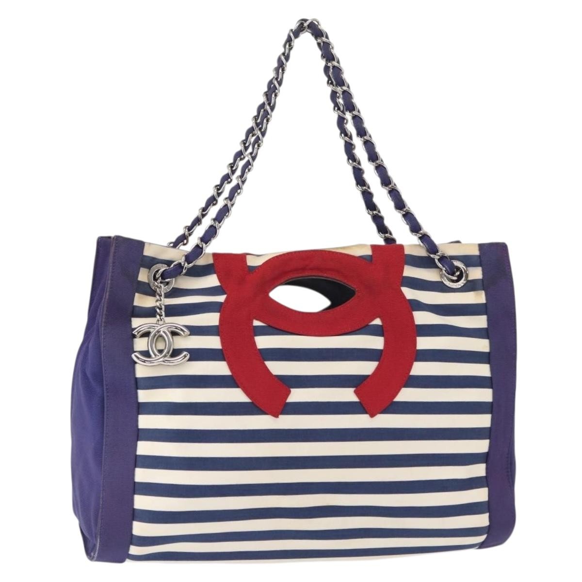 Chanel Mariniere Chain Tote Striped Canvas, NAVY, CANVAS, Tote bag