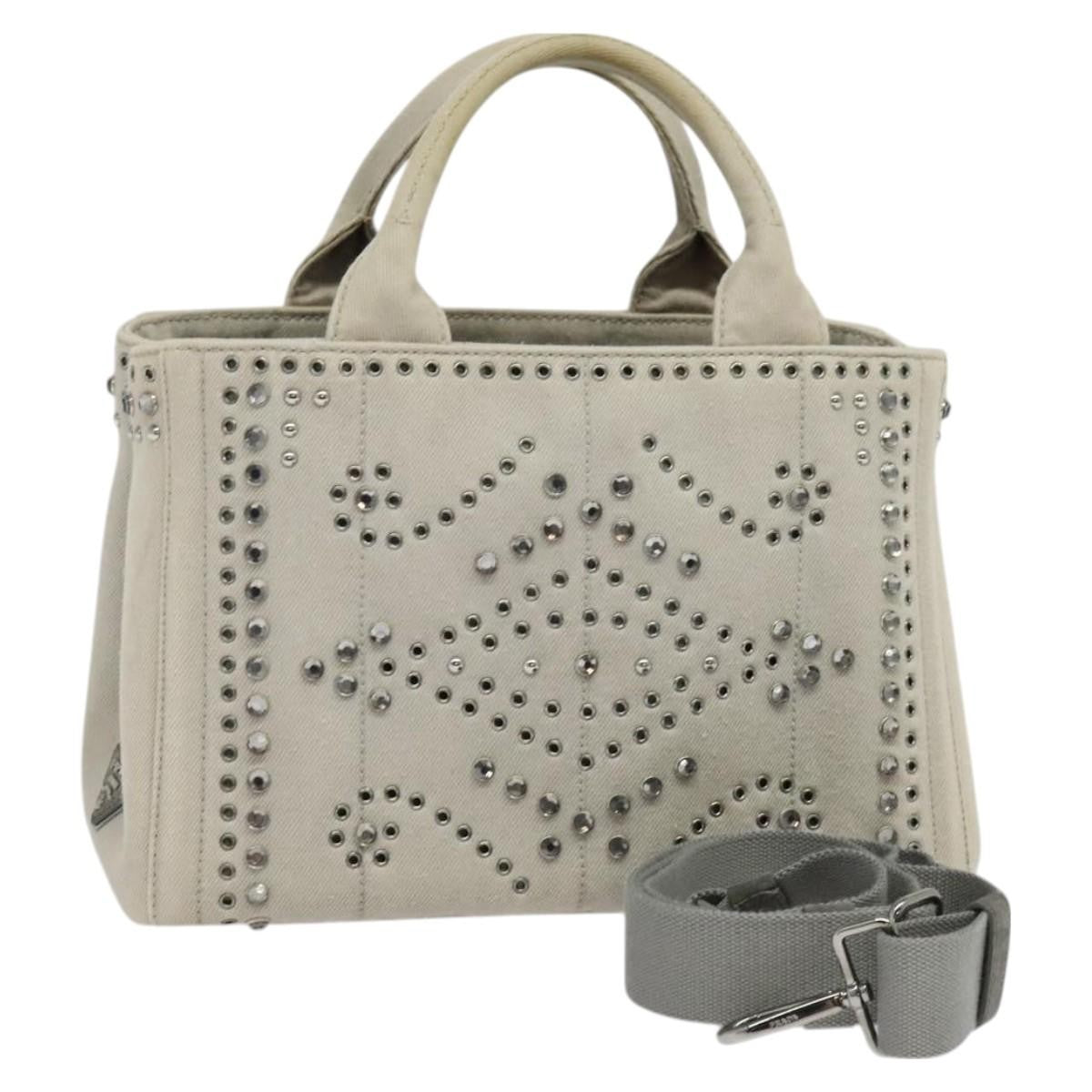 Prada Canapa Convertible Tote Rhinestone Embellished Denim, GRAY, CANVAS, Handbag