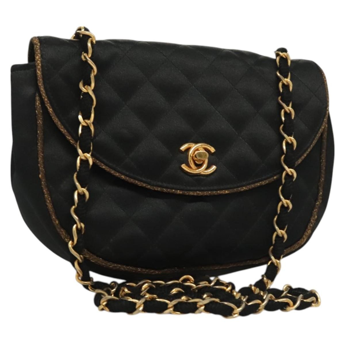Chanel Vintage Half Moon Chain Bag Quilted Satin with Braided Detail, BLACK, SATIN, Handbag