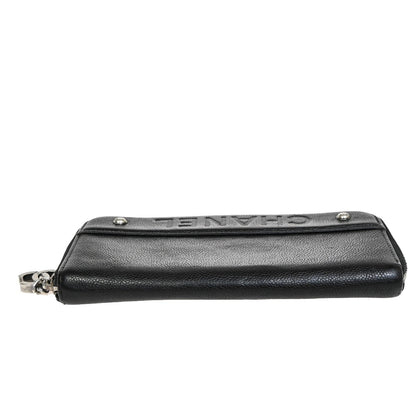Chanel CC Logo Zipper Long Bifold Leather, BLACK, CALFSKIN, Wallets